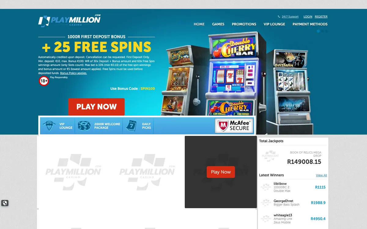 Play Million Casino — Home page, captured from South Africa