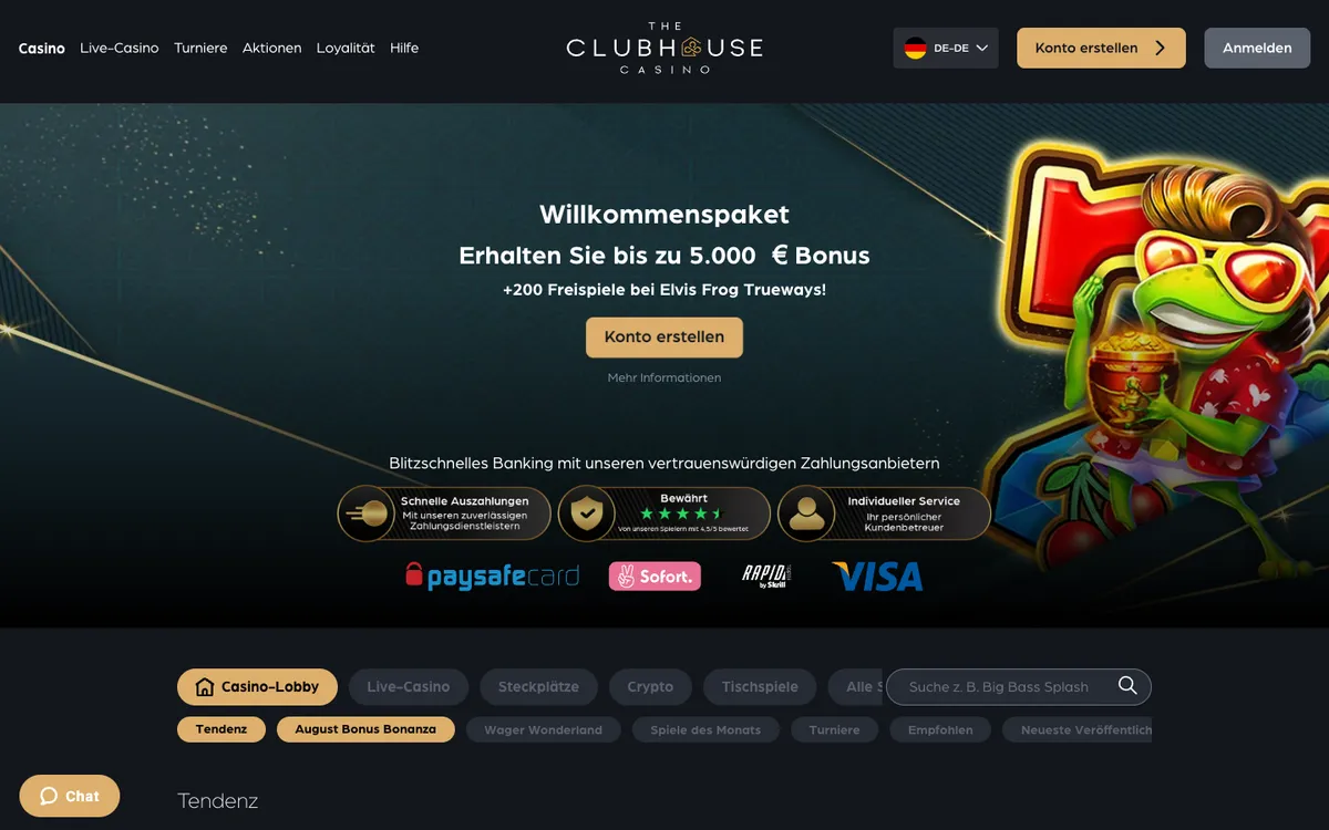 The ClubHouse Casino — Home page, captured from Austria