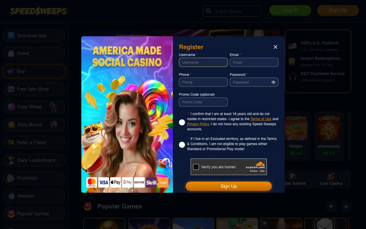 SpeedSweeps Casino — Sign-up, captured from United States