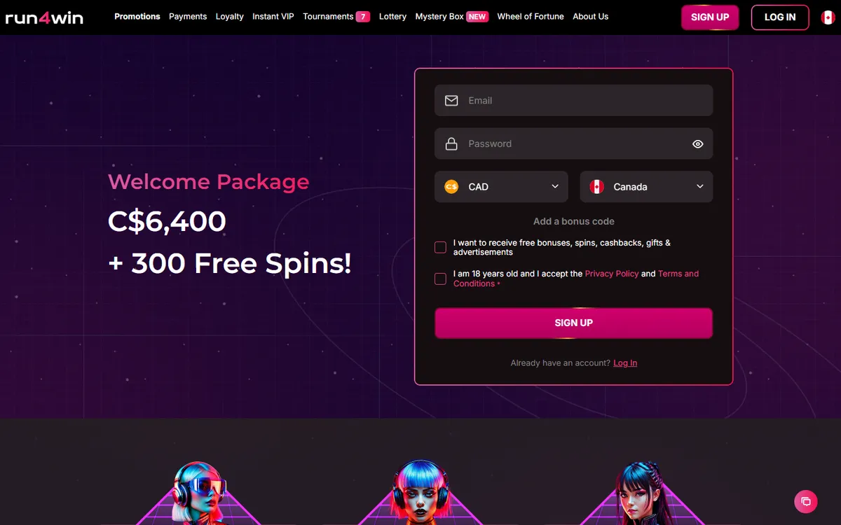 Run4Win Casino — «Акции», снято из страны Канада