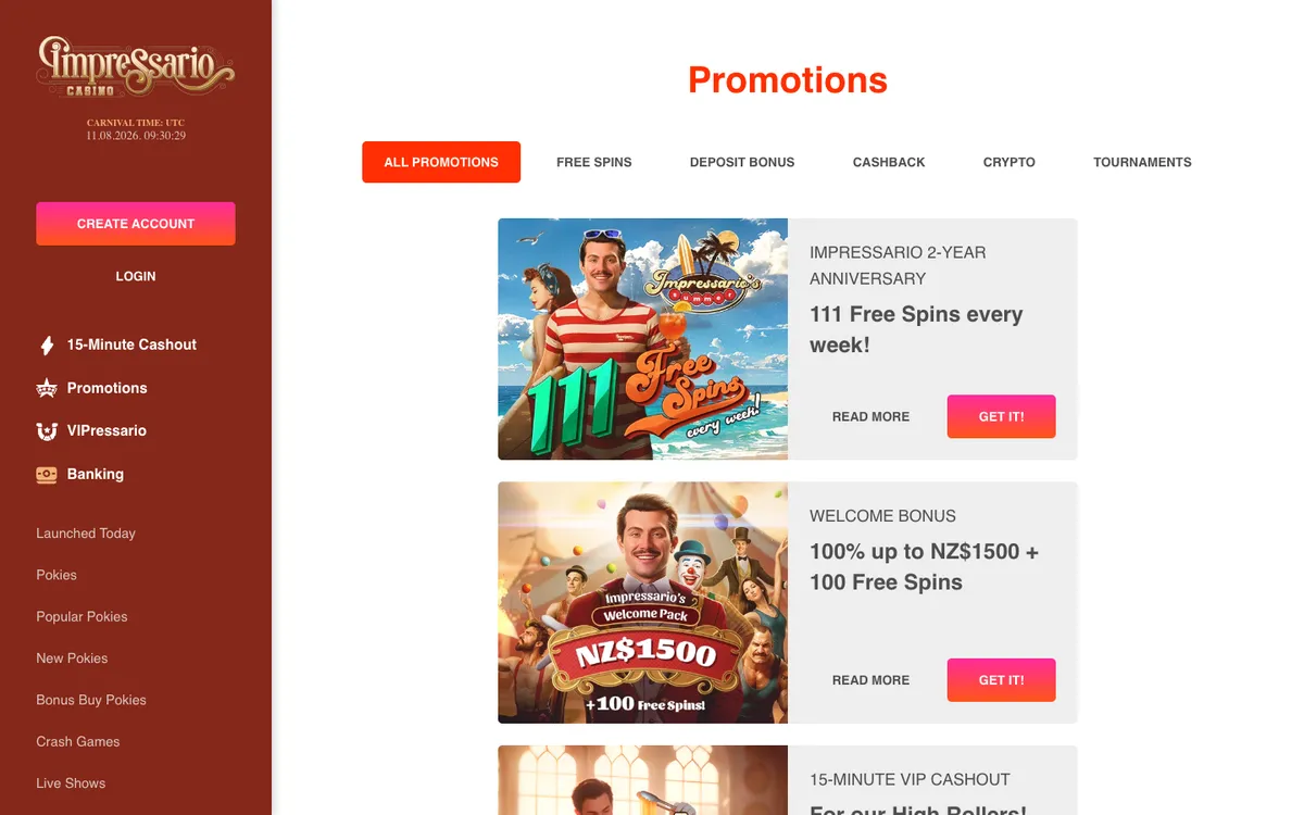 Impressario Casino — Promotions, captured from New Zealand