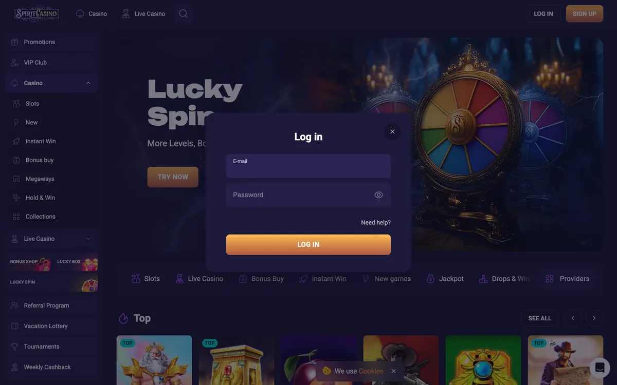 Spirit Casino — Sign-up, captured from Japan