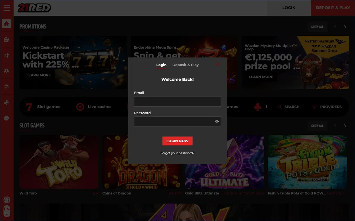 21.red Casino — «Регистрация», снято из страны Финляндия
