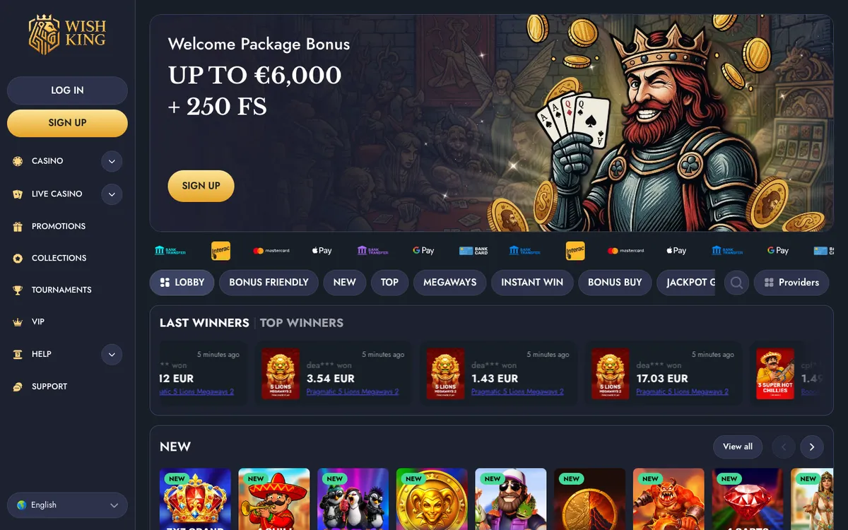 WishKing Casino — Home page, captured from Austria