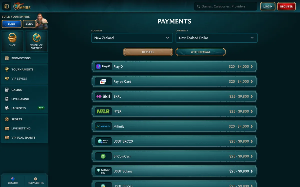 MyEmpire Casino — Payments, captured from New Zealand
