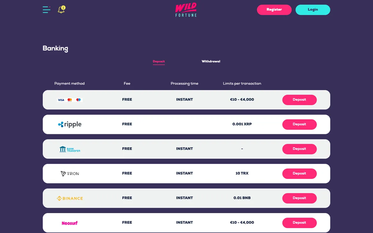 Wildfortune Casino — «Платежи», снято из страны Южно-Африканская Республика
