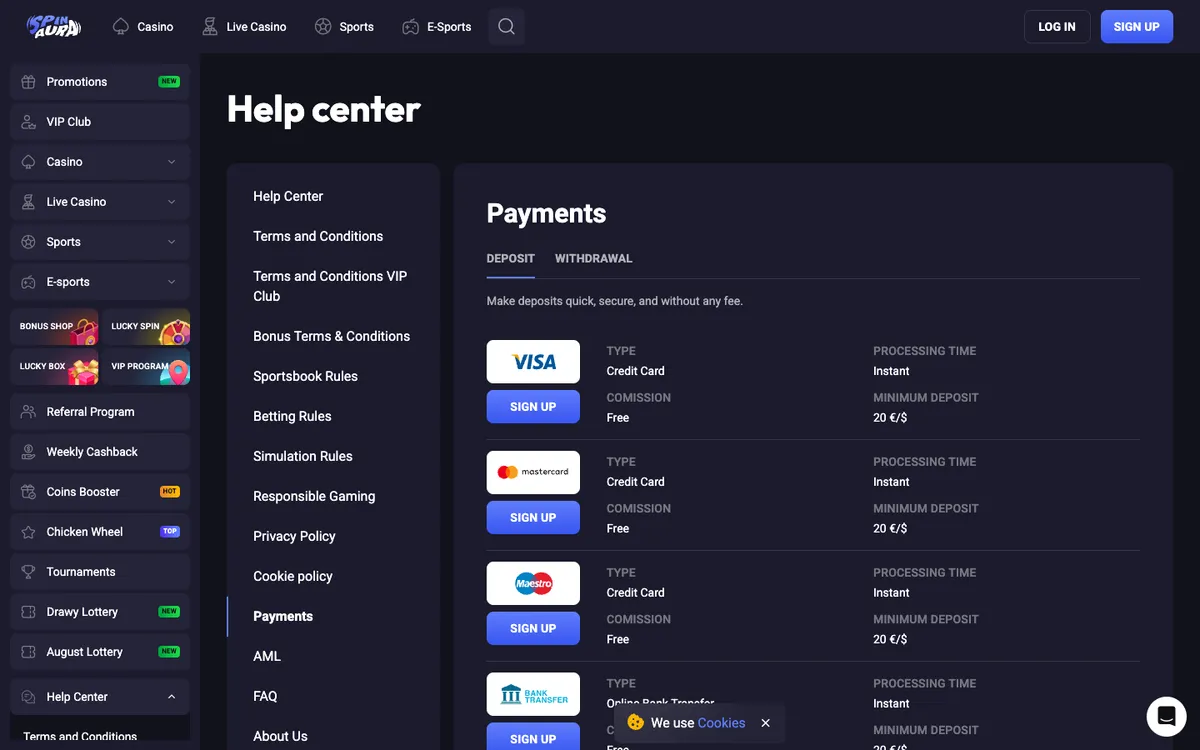 Spin Aura Casino — Payments, captured from Australia