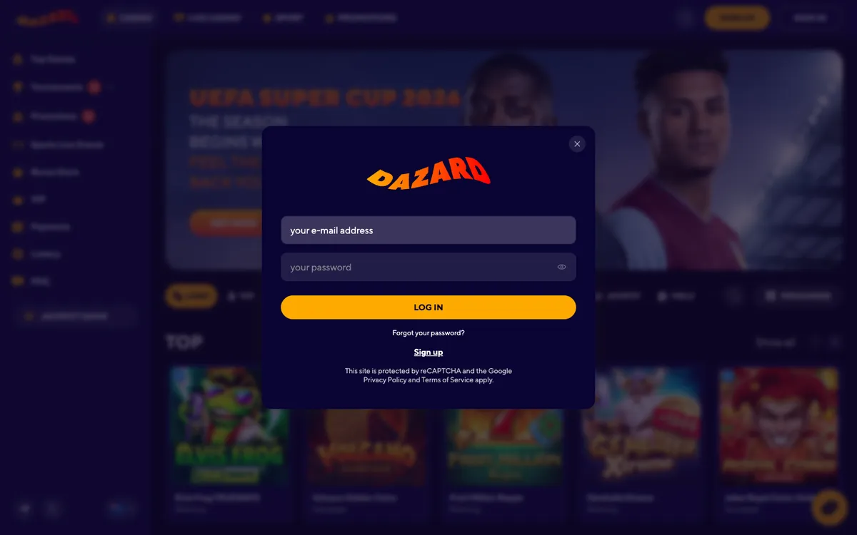 Dazard Casino — «Регистрация», снято из страны Новая Зеландия