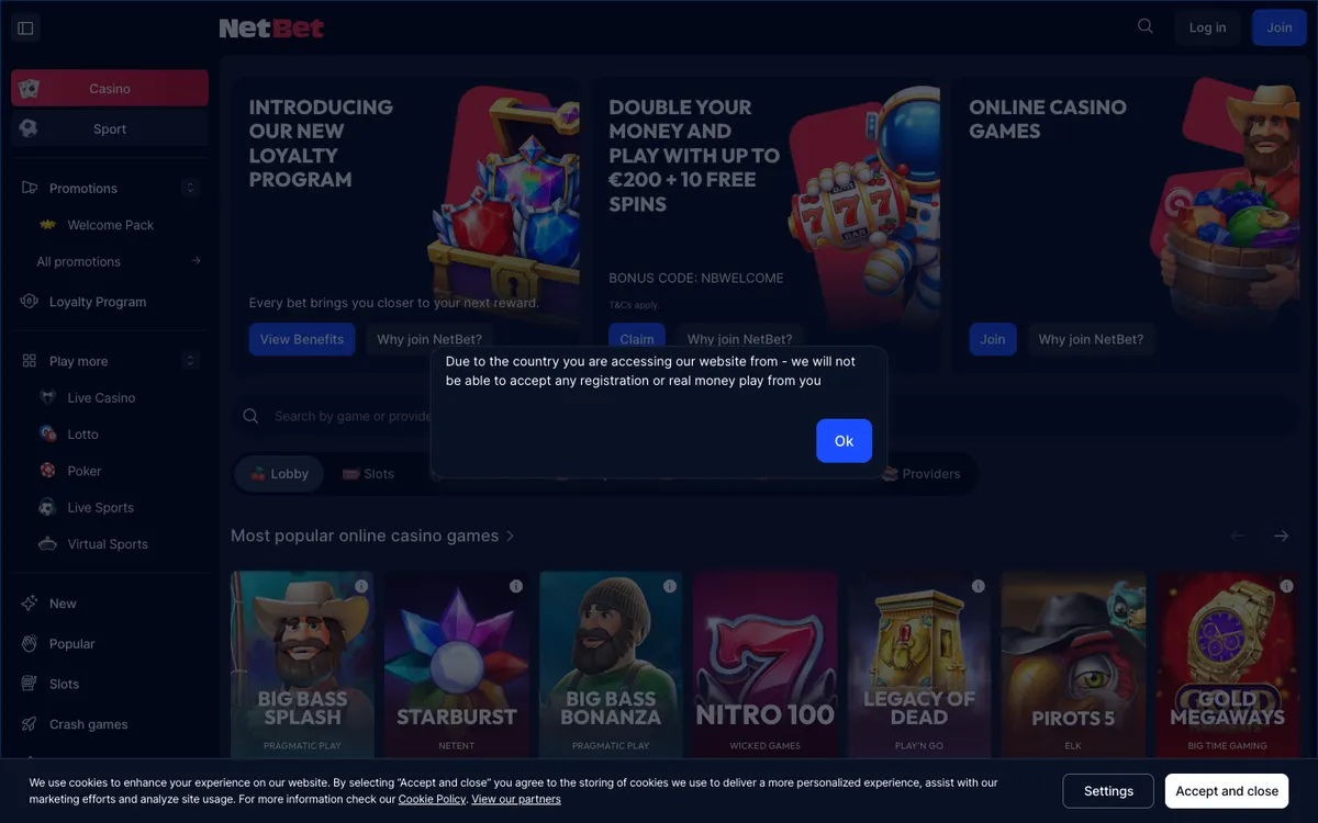 NetBet Casino — Home page, captured from Brazil