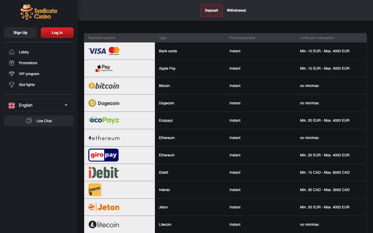 Syndicate Casino — Payments, captured from Canada