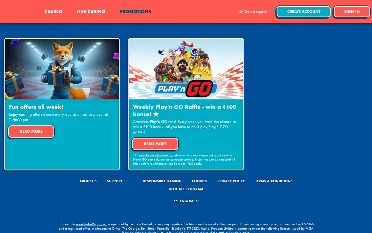 TurboVegas Casino — Promotions, captured from New Zealand