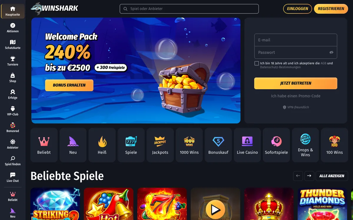 Winshark Casino — Home page, captured from Austria