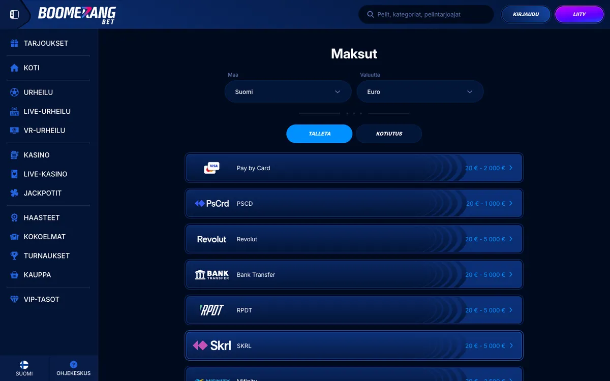 Boomerang-bet Casino — Payments, captured from Finland