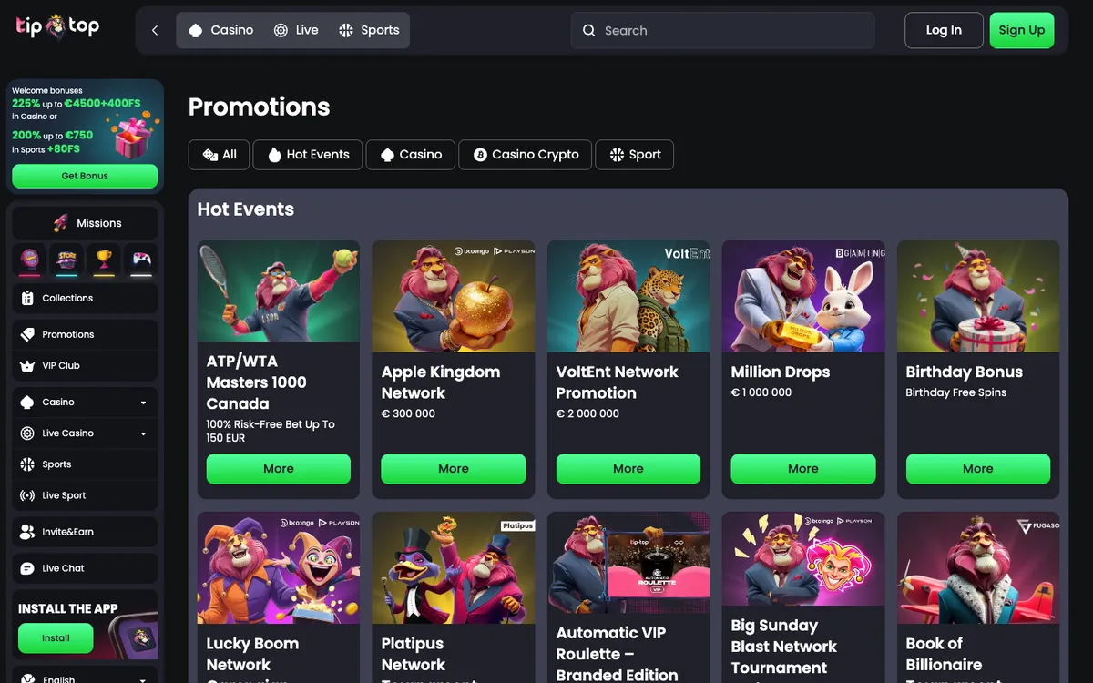 Tip-Top.bet Casino — Promotions, captured from Austria