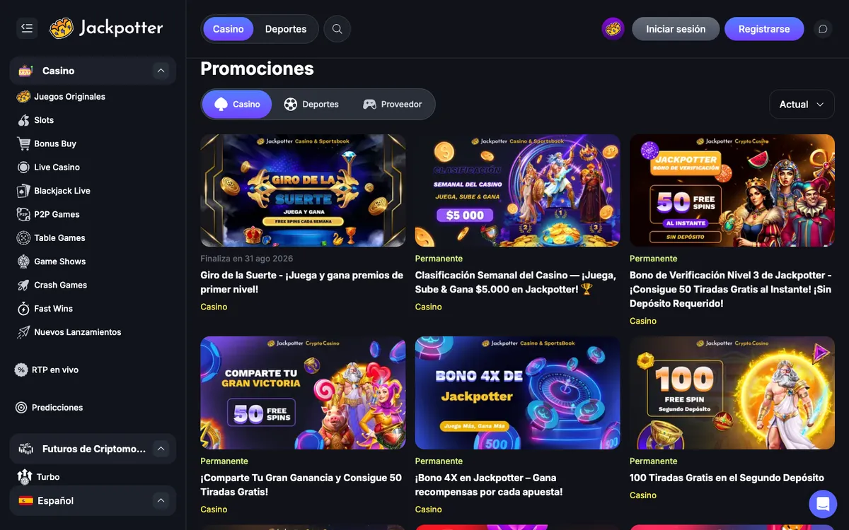 Jackpotter Casino — «Акции», снято из страны Испания