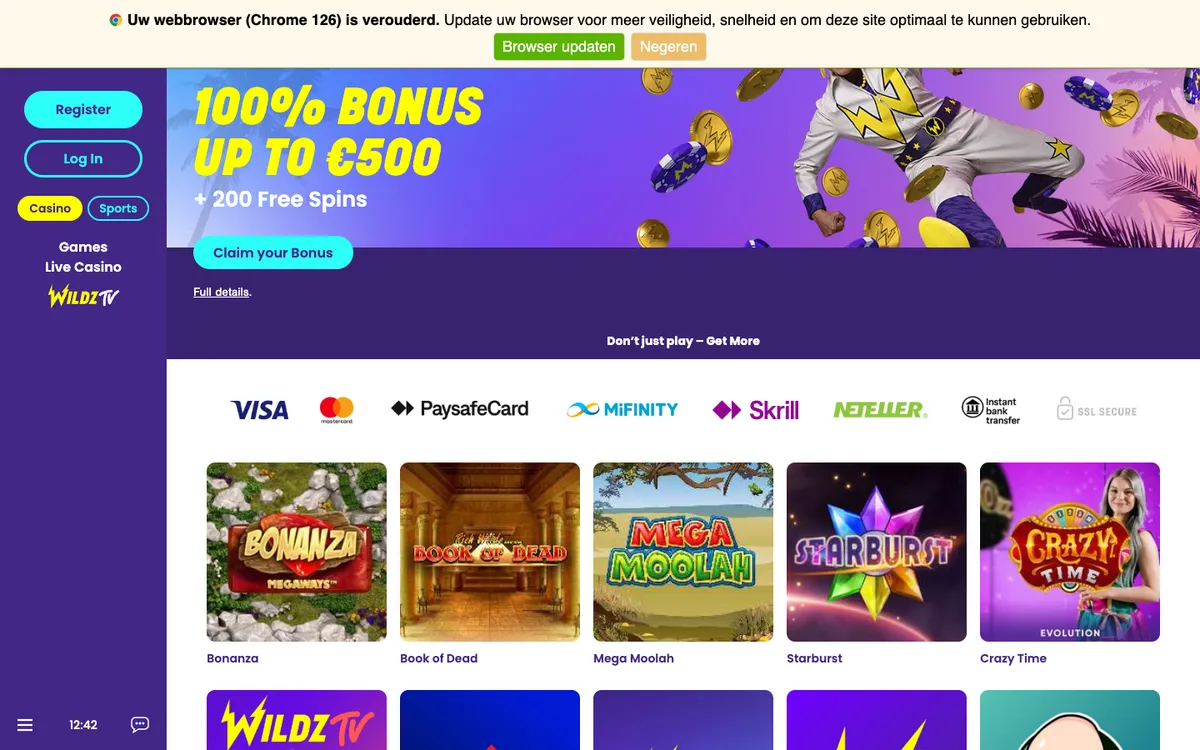 Wildz Casino — Home page, captured from Belgium