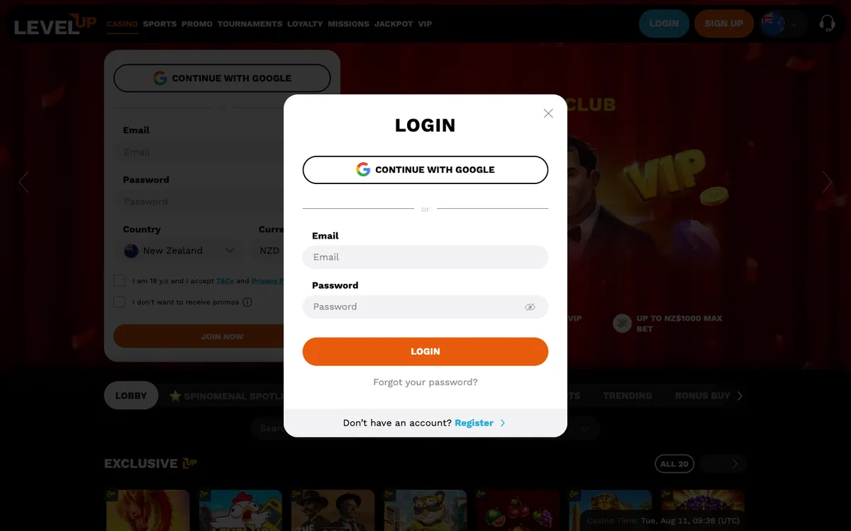 LevelUp Casino — «Регистрация», снято из страны Новая Зеландия