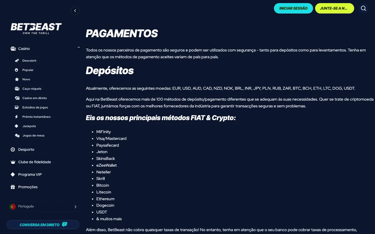 BetBeast Casino — Payments, captured from Portugal