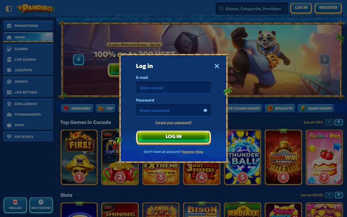 Pandido Casino — Sign-up, captured from Canada