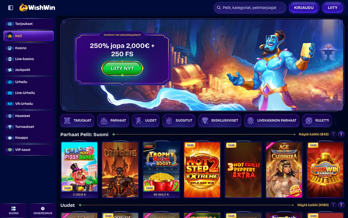 WishWin Casino — Home page, captured from Finland