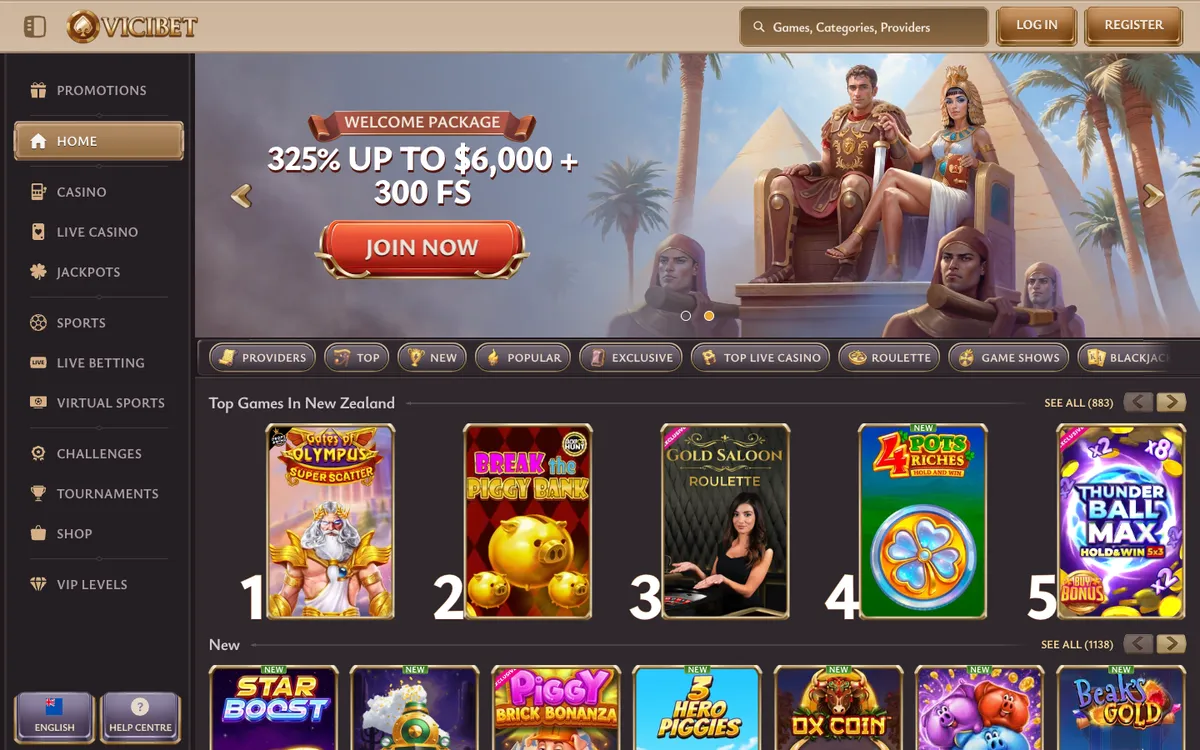 ViciBet Casino — «Главная», снято из страны Новая Зеландия