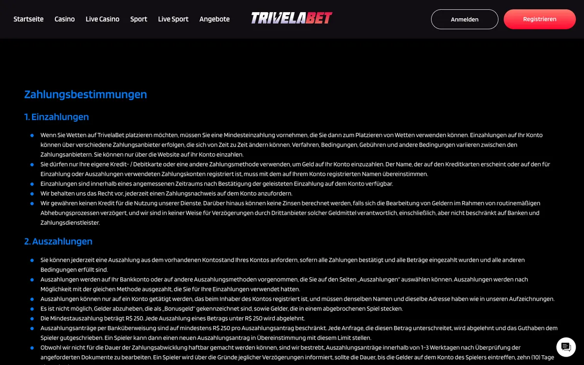 TrivelaBet Casino — Payments, captured from Austria