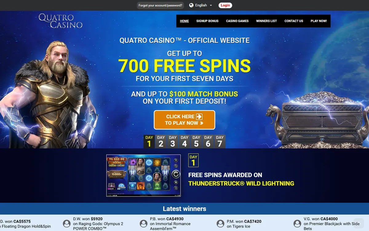 Quatro Casino — Home page, captured from Canada