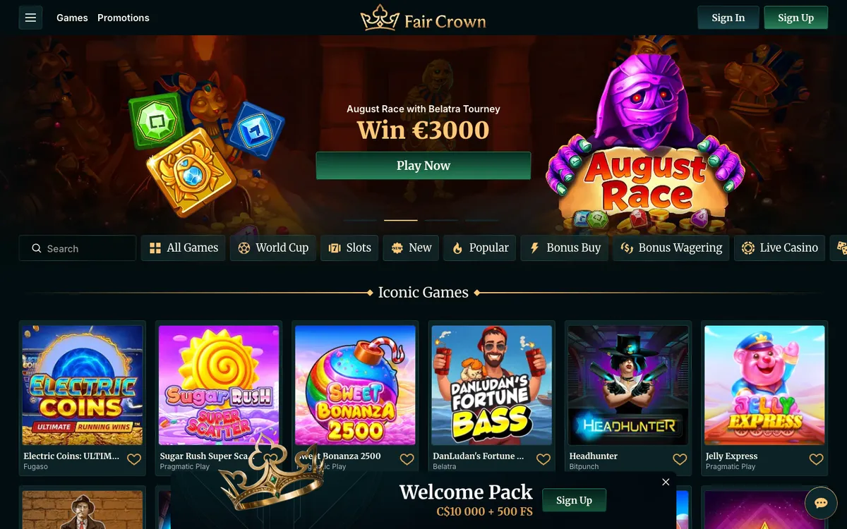Fair Crown Casino — Home page, captured from Canada