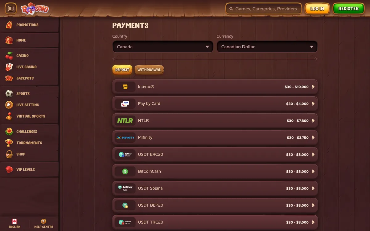 Roostino Casino — Payments, captured from Canada
