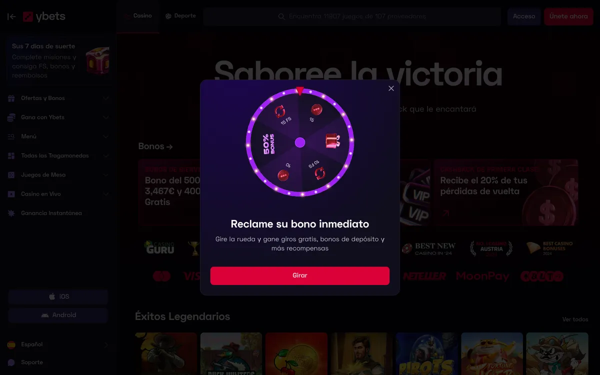 Ybets Casino — Home page, captured from Spain