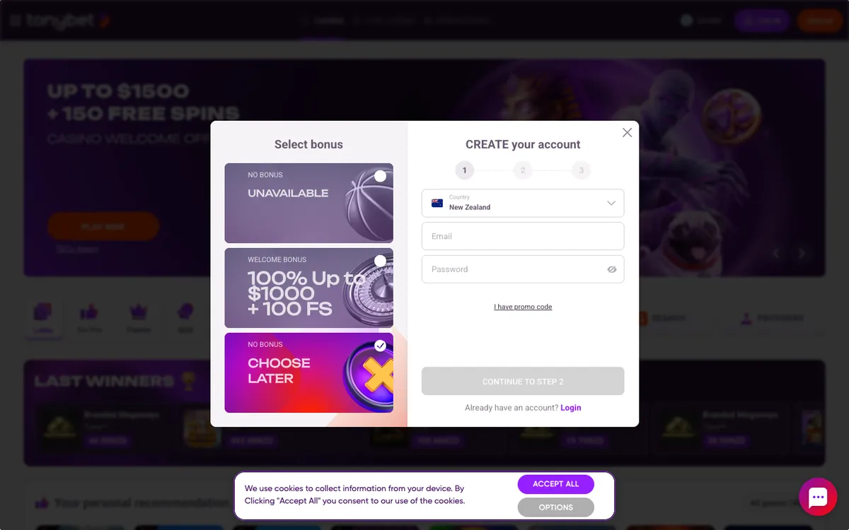 TonyBet Casino — Home page, captured from New Zealand