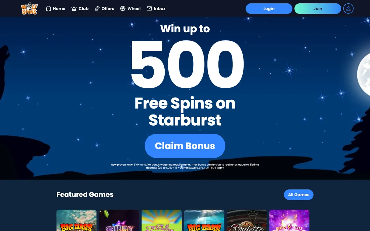 Wolf Spins Casino — Home page, captured from United Kingdom