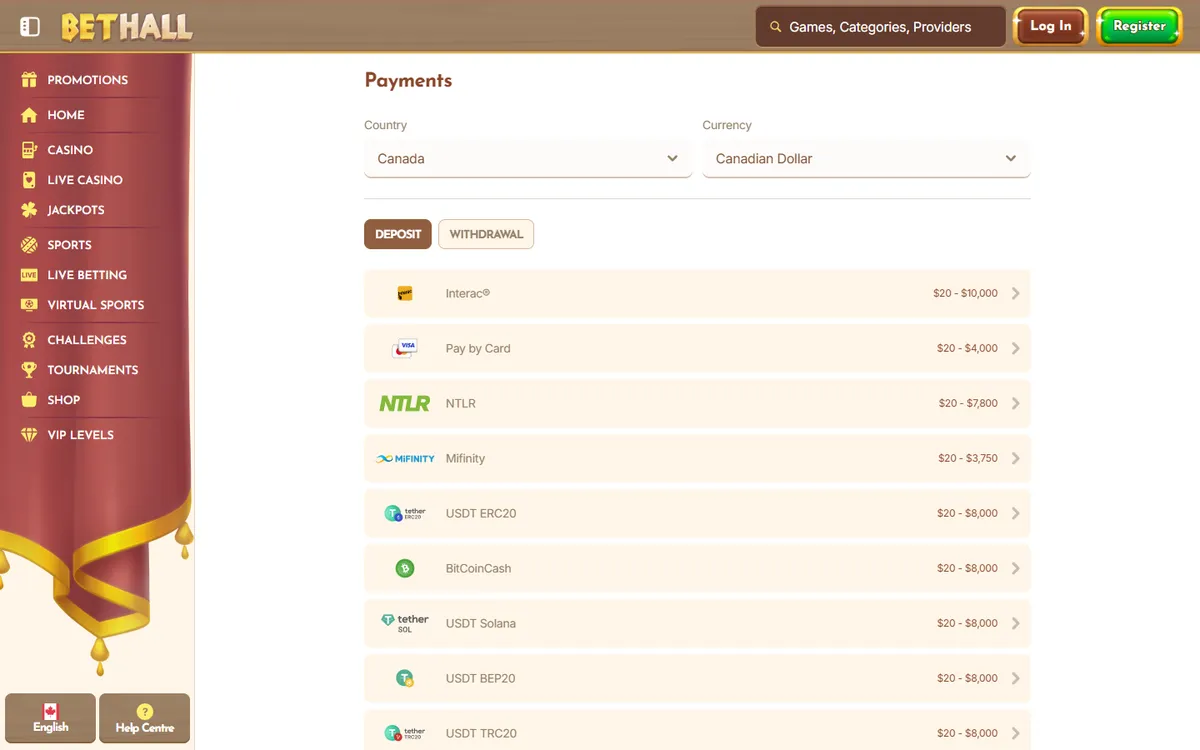 BetHall Casino — Payments, captured from Canada