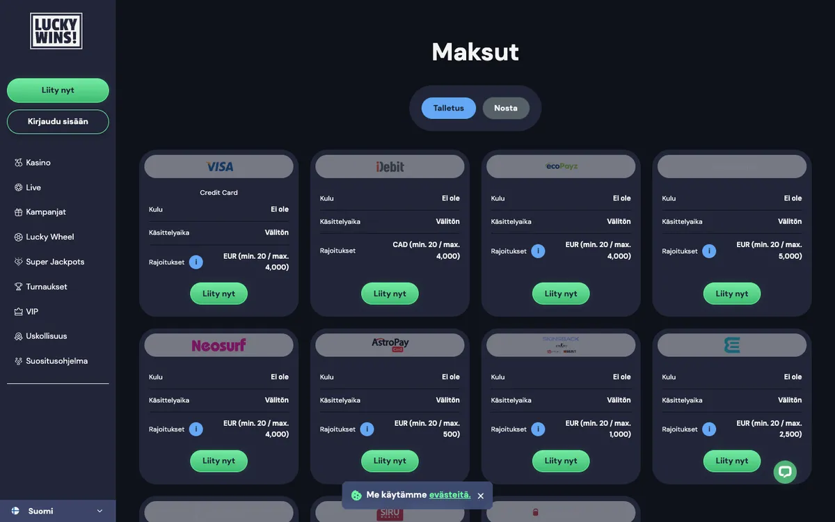 LuckyWins Casino — Payments, captured from Finland