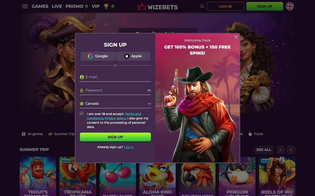 Wizebets Casino — Sign-up, captured from Canada