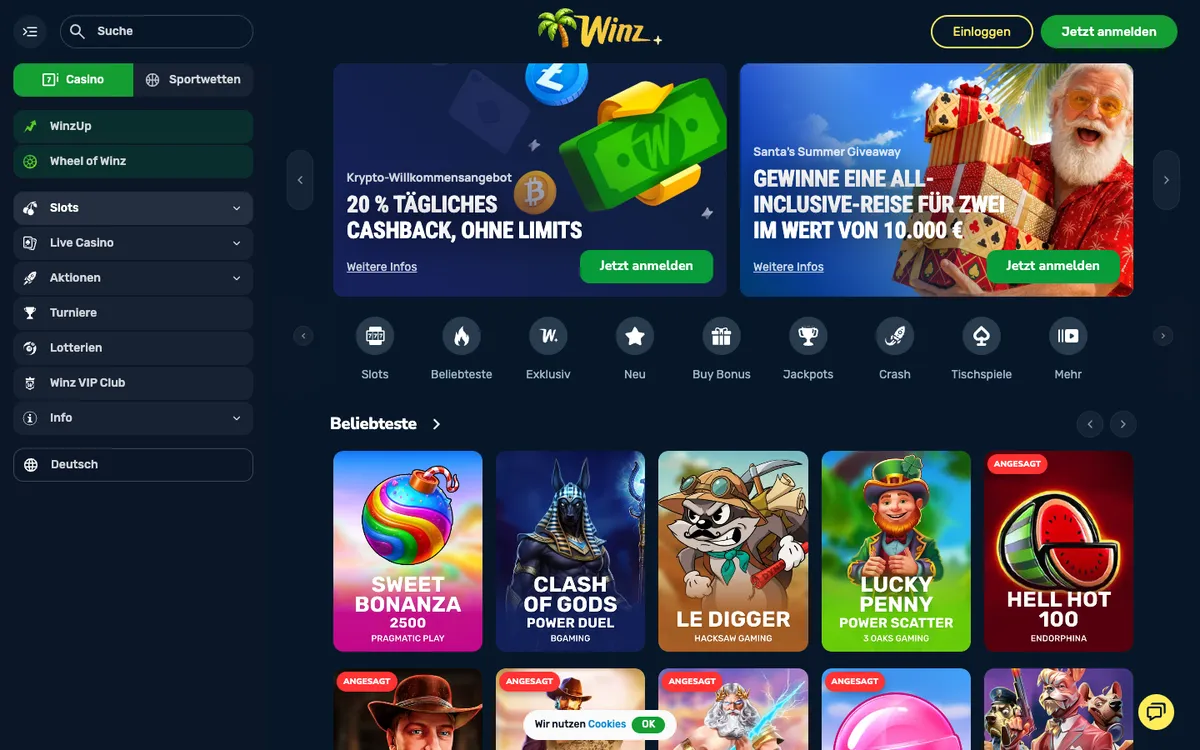 Winz.io Casino — Home page, captured from Germany