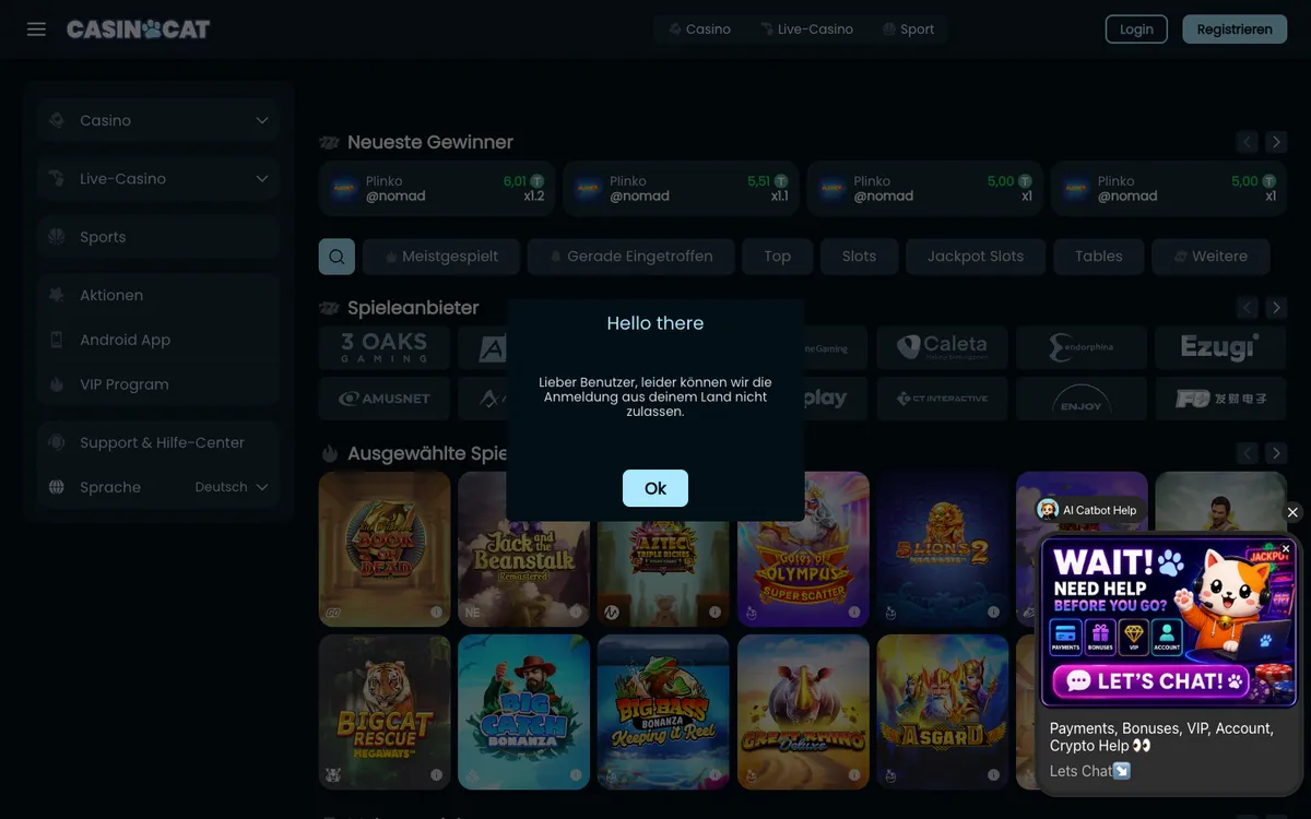 CasinoCat — Sign-up, captured from Austria