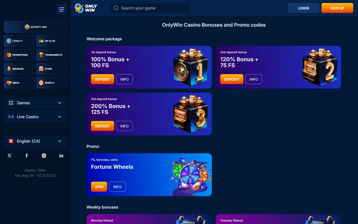 OnlyWin Casino — Promotions, captured from Canada