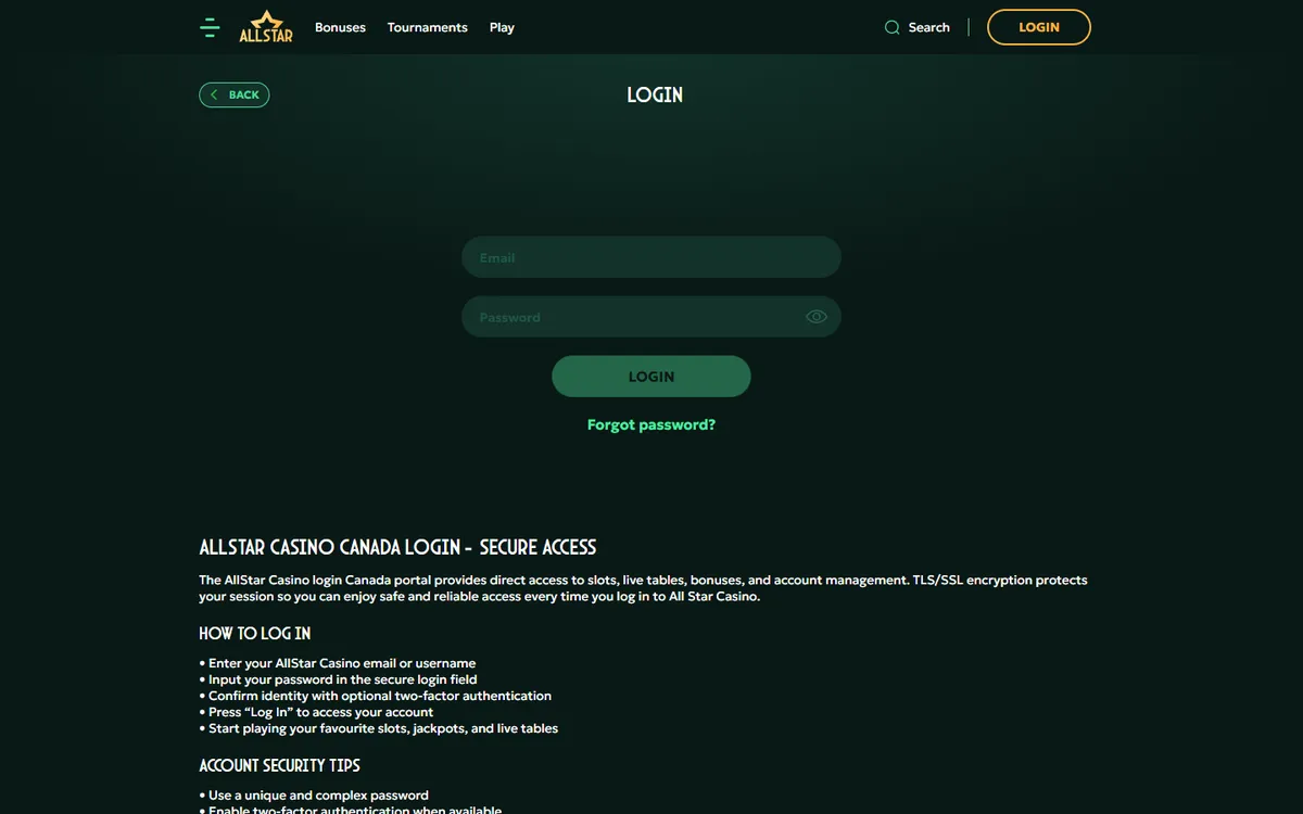 AllStar Casino — Sign-up, captured from Canada