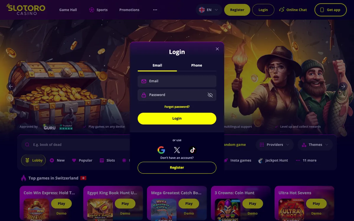 Slotoro Casino — «Регистрация», снято из страны Швейцария