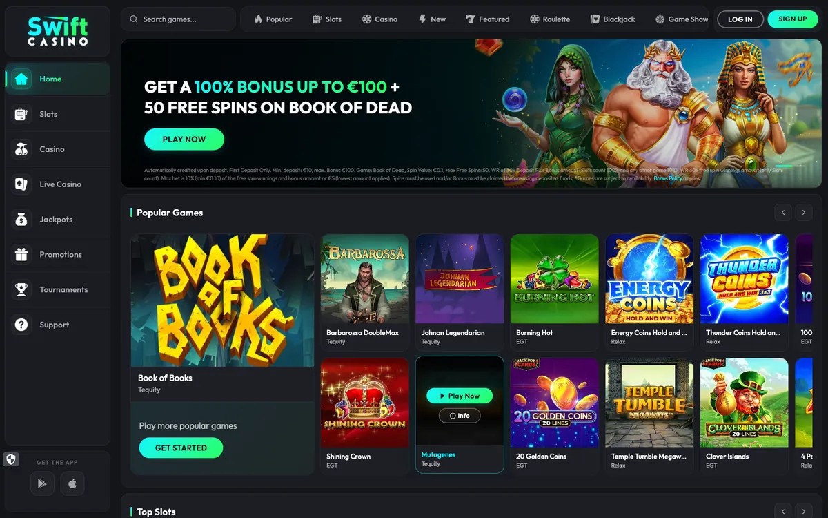 Swift Casino — Home page, captured from South Africa