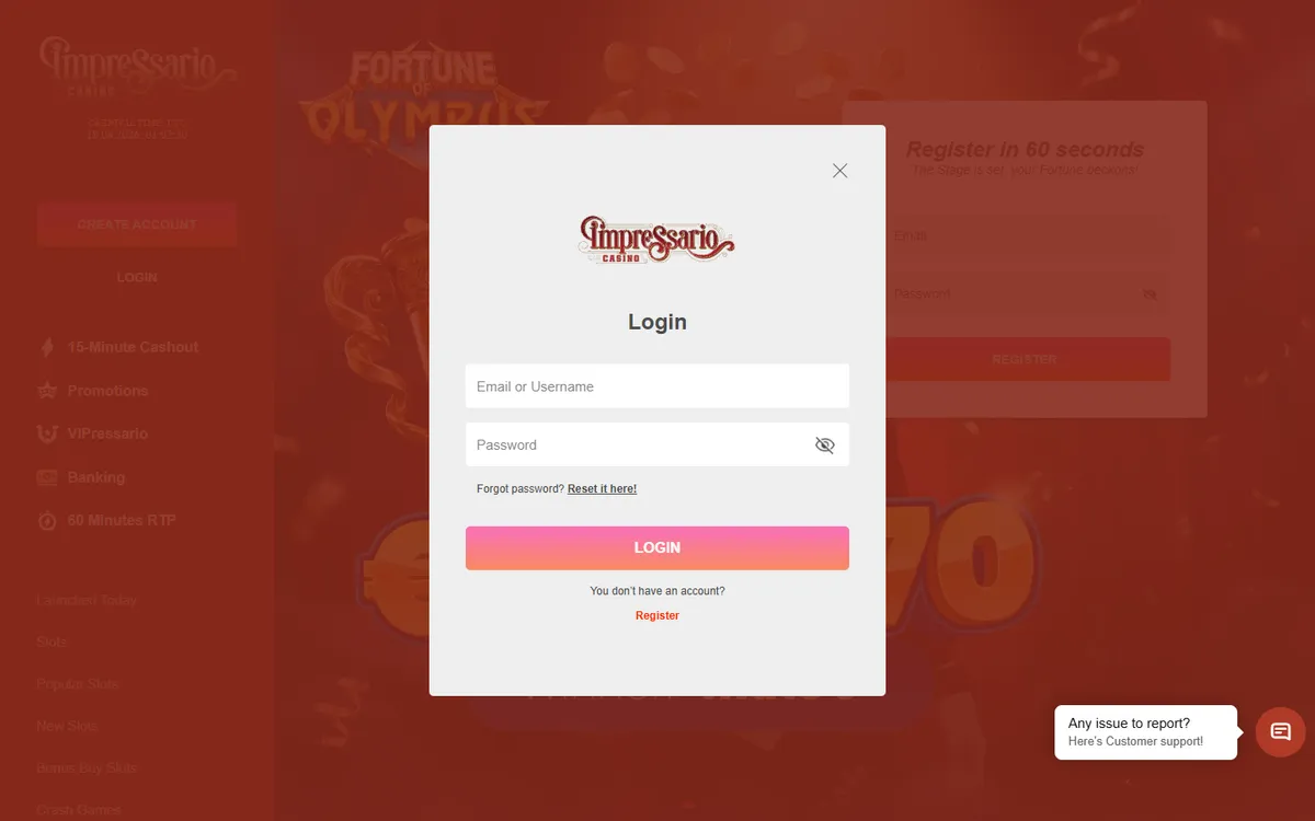 Impressario Casino — Sign-up, captured from Canada