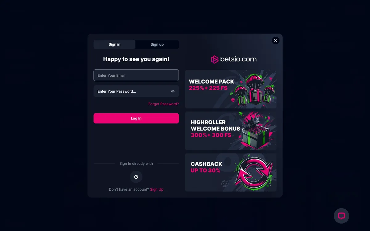 Betsio Casino — Sign-up, captured from South Africa