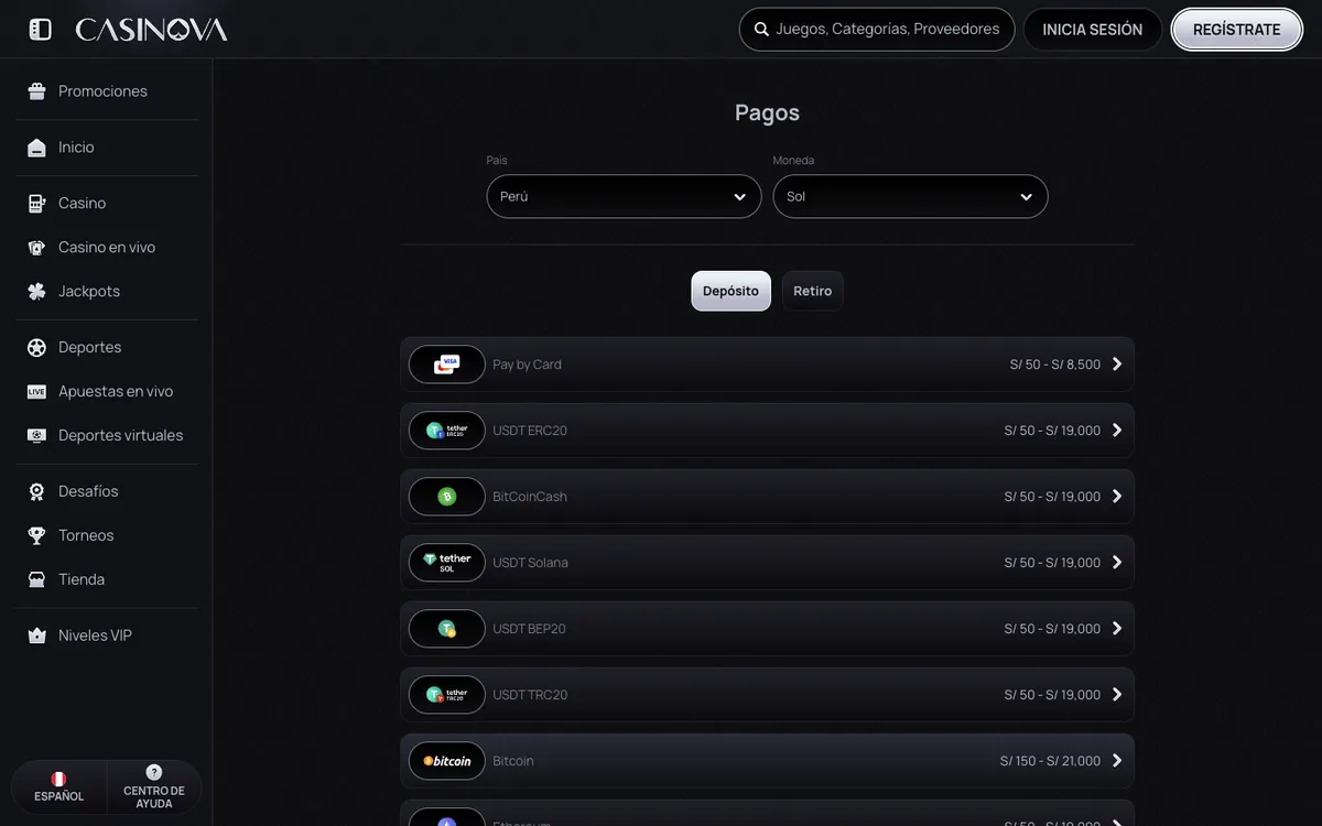 Casinova Casino — Payments, captured from Peru