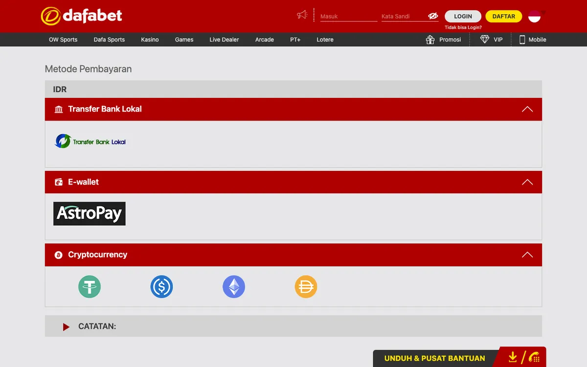 Dafabet Casino — Payments, captured from Indonesia