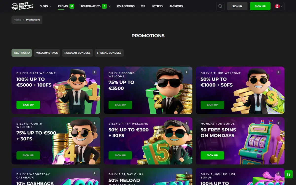 Billy Billion Casino — «Акции», снято из страны Канада
