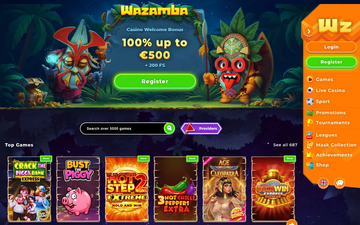 Wazamba Casino — «Главная», снято из страны Южно-Африканская Республика