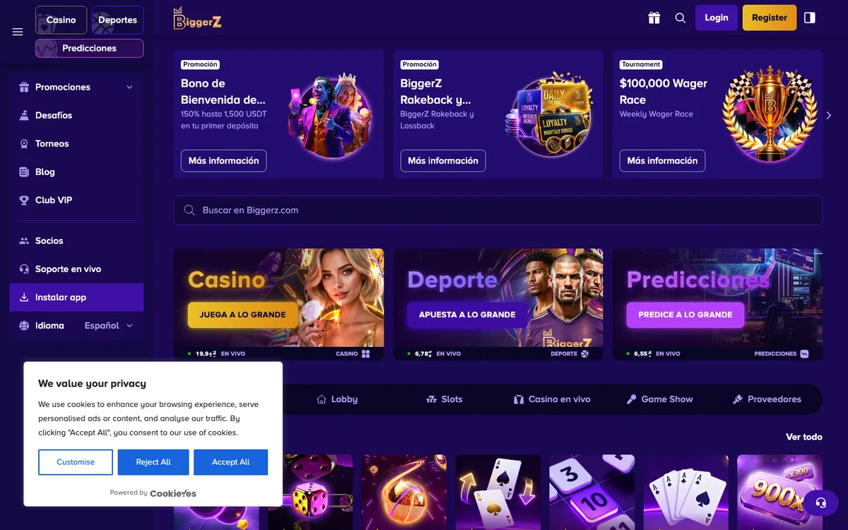 BiggerZ Casino — Home page, captured from Argentina