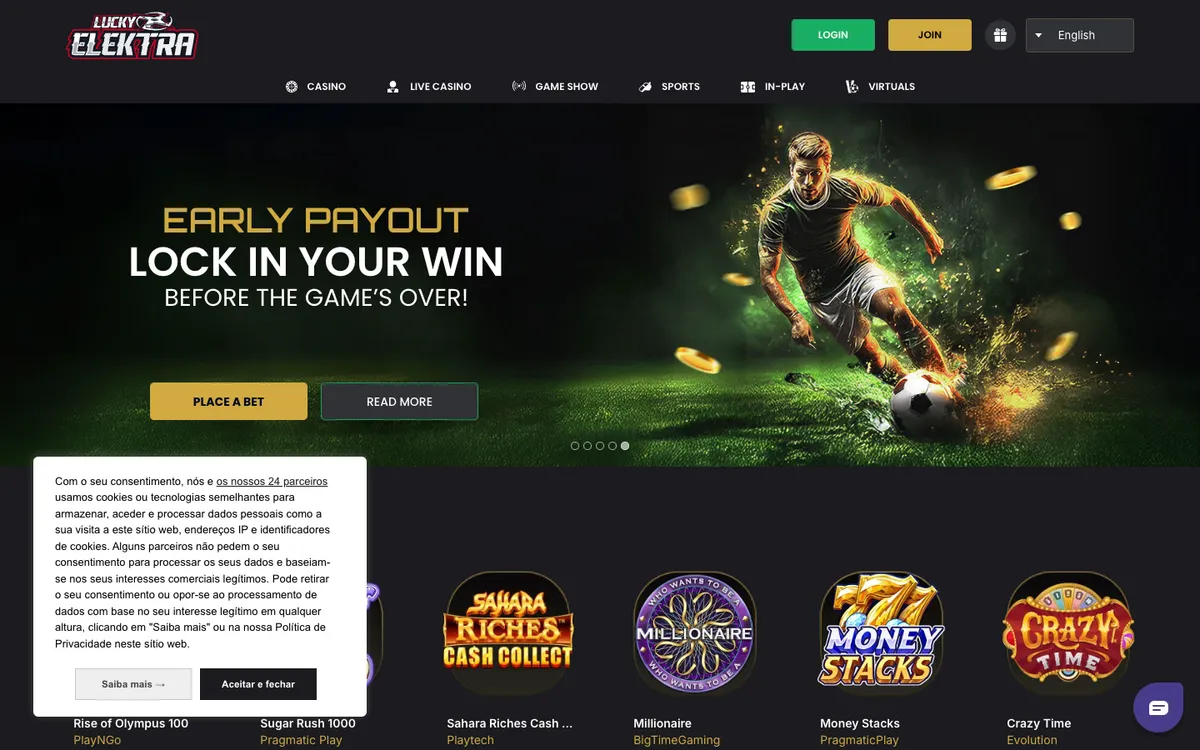 LuckyElektra Casino — Home page, captured from Portugal