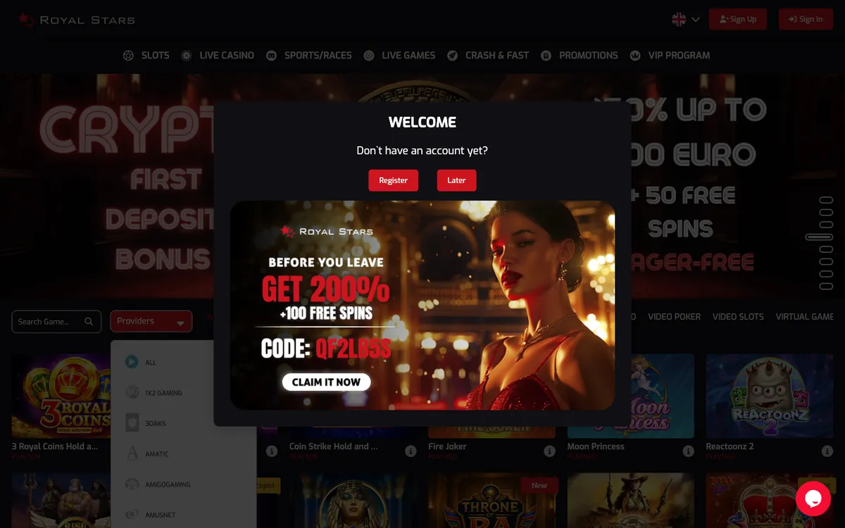 Royal Stars Casino — «Главная», снято из страны Канада